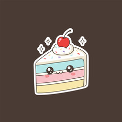 Cute Kawaii Cake Slice with Cherry Topping and Sparkles.