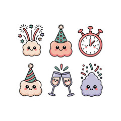 Fototapeta premium Cute Global Celebration Icons Champagne, Confetti & Pastel Smiles kawaii cute rounded icon set