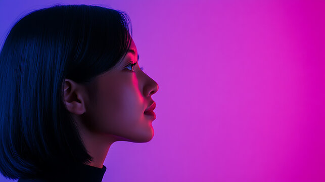A profile shot of a woman with short black hair, set against a vibrant gradient background of pink and purple, evoking a sense of modern elegance and futuristic aesthetics.