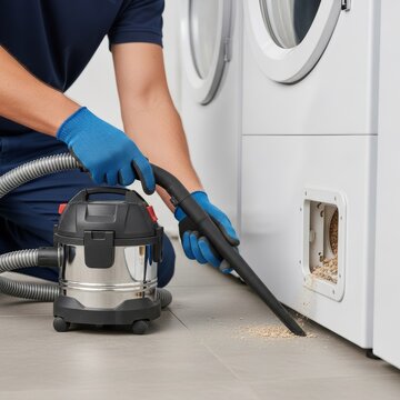 Professional technician cleaning a dryer vent with a vacuum cleaner in a laundry room.