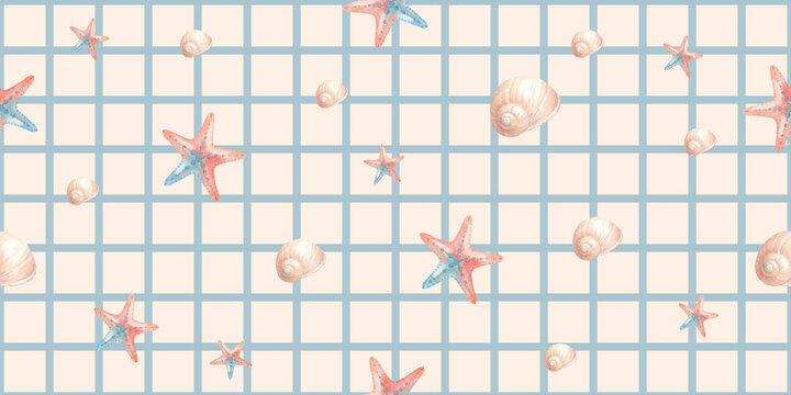 Seamless watercolor pattern with starfish and seashells on a blue grid background