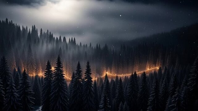 Serene Winter Nighttime Forest Scene with Snow-Covered Trees and Dark Sky