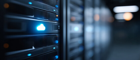 Close-up of illuminated cloud icon on server rack in modern data center with blurred background and blue lighting