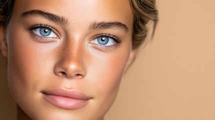 Flawless Skin Portrait on Warm Beige Background, Luxury Skincare Advertising
