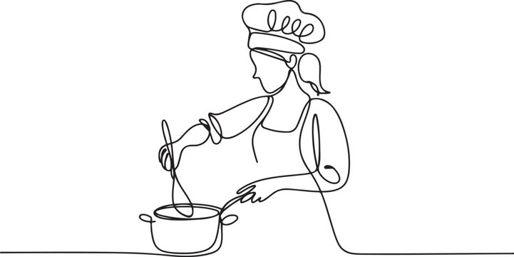 female continuous line cooking. female chef cooking line art. line drawing busy housewife cooking daily activities. one line Icon drawing