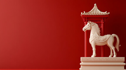 Elegant horse sculpture set against a vibrant red backdrop, showcasing its intricate details and the traditional architecture framing it. A blend of artistry and cultural richness.