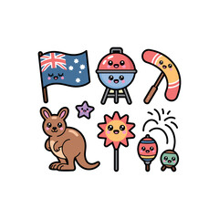 Fototapeta premium Adorable Australia Day Set Rounded BBQ, Flag & Cartoon Friends kawaii cute rounded icon set
