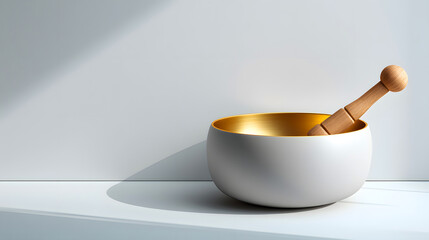 A minimalist white singing bowl with a gold interior and wooden mallet, placed on a light background. Ideal for meditation, relaxation, and wellness settings.
