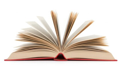 Naklejka premium Open book with fanned pages and red cover, isolated on white background
