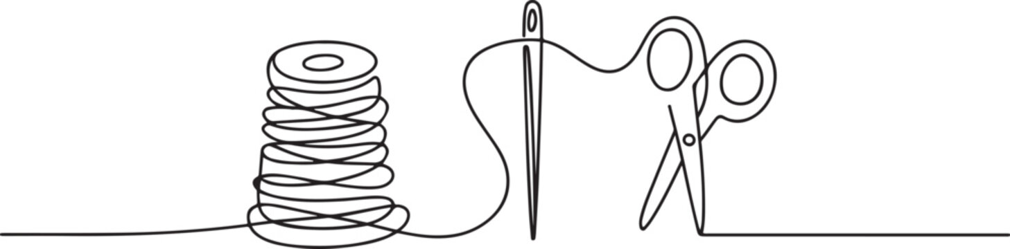 continuous line of needle, thread and scissors.one line drawing of clothing sewing equipment. single line vector illustration of boutique and clothing convection. one line Icon drawing
