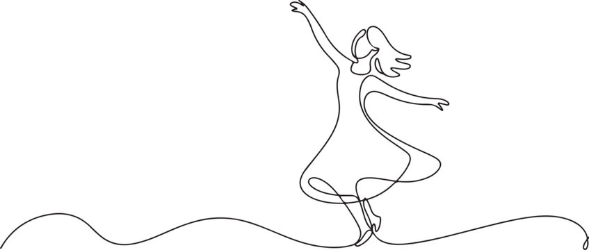 one continuous line drawing of woman dancing happily.one line drawing of dancing woman in dress clothes. single line vector illustration. one line Icon drawing