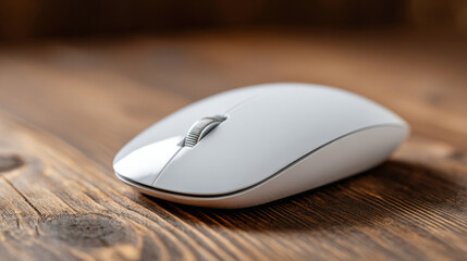 Close-up of a sleek white wireless computer mouse on a textured wooden surface with soft natural lighting and shallow depth of field