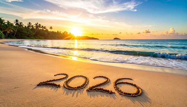 Serene beach scene at sunrise with the year 2026 written in the sand on a tranquil tropical shore - Powered by Adobe