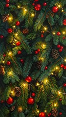 Dense Green Fir Branches Decorated with Glowing Christmas Lights and Red Ornaments