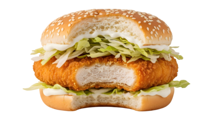 Crispy chicken burger with lettuce and mayo, half eaten with visible bite, isolated on white background