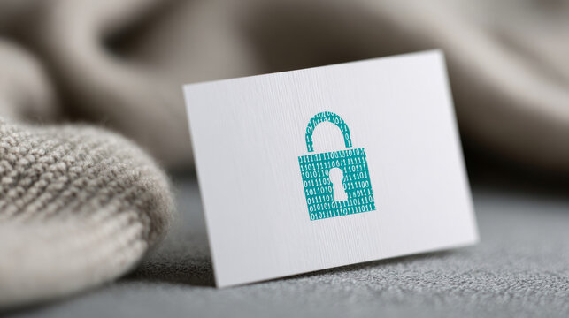 Close-up of a white card with a digital padlock icon made of binary code representing cybersecurity and data protection - Powered by Adobe