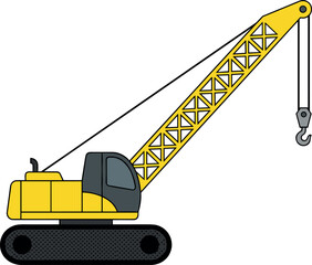 Crawler crane cartoon illustration with lattice boom and hook tracked construction lifting machinery industrial equipment vector design © Shafali