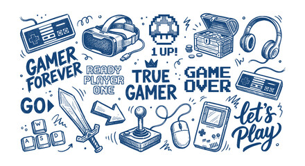 Detailed blue sketch art of gaming elements and slogans for gamer culture design