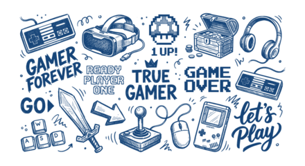 Detailed blue sketch art of gaming elements and slogans for gamer culture design