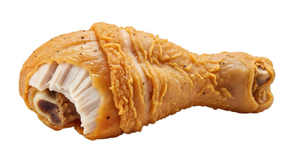 Crispy fried chicken drumstick with bite marks revealing juicy meat, isolated on white background
