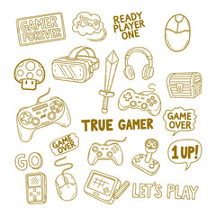 Outline vector set of gaming related doodles and slogans in a golden brown hue
