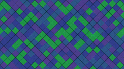 Vibrant geometric diamond pattern with blue, purple, and green squares creating a modern mosaic.