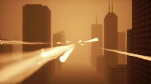 Abstract cityscape with light trails and skyscrapers