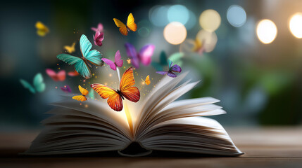 Magical transformation with colorful butterflies and open book, defocused literary liberation, knowledge release, education metamorphosis, learning evolution, bibliographic freedom