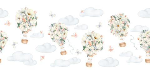 Kids clouds seamless border air ships and flowers neutral colors. Hot air balloons with white blossoms and butterflies watercolor isolated. Repeat design for nursery wall borders and baby textiles.