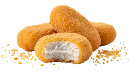 Crispy chicken nuggets with one nugget bitten in half showing juicy interior, crumbs scattered, isolated on white background, hyper-realistic studio food photography
