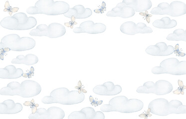 Soft Blue Clouds and Butterflies watercolor frame isolated. Hand painted border with sky elements. Drawing for baby announcements and shower invitations. Sweet childish border in soft pastel tones.