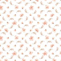 Gentle watercolor seamless pattern with tiny hand drawn flowers, buds peach colors isolated. Ditsy print for baby textile design, nursery wallpaper. Childish surface pattern in pastel tones.