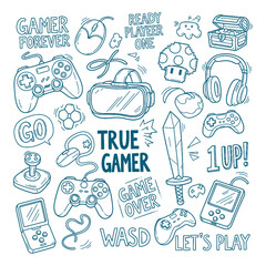 Detailed line art collection of gaming themed illustrations and texts in a vibrant blue
