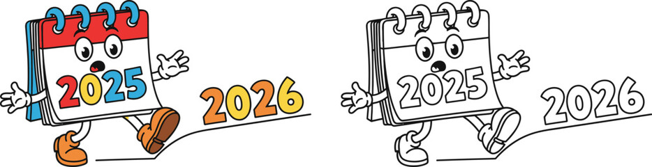 Cartoon 2025 Calendar Character Transitioning to 2026 New Year Vector Illustration