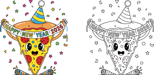 Cheerful Pizza Slice Celebrating Happy New Year 2026 with Party Hat and Banner Vector