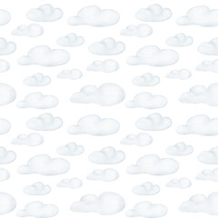 Blue Clouds watercolor seamless pattern isolated. Gentle cloud repeat hand painted in pastel tones. Design for baby textile, nursery wallpaper and bedding. Delicate neutral background with clouds.