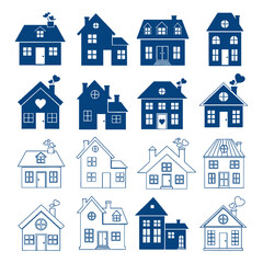 Set of blue house icons and illustrations with various styles