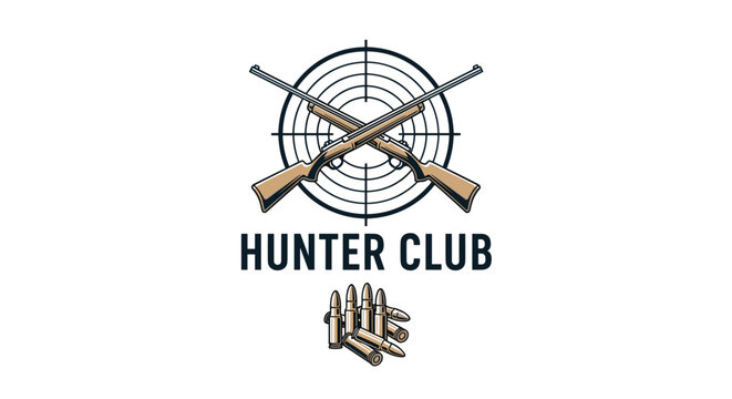 A hunting club logo featuring two crossed rifles over a target scope, with a pile of bullets below, representing marksmanship and outdoor sports.