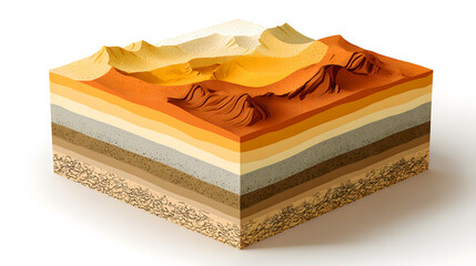3D isometric view of layered earth crust cross-section with sedimentary rocks, landscapes, and geological formations. Illustrates geological structure, stratigraphy, and earth's crust composition.