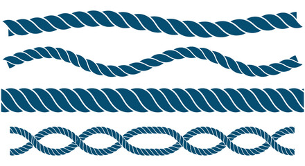 Set of blue marine rope elements twisted and wavy decorative nautical cords for design on transparent background