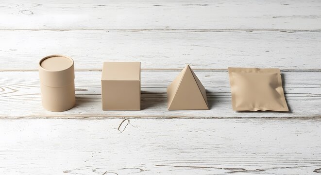 Four blank beige product packaging mockups arranged on a distres