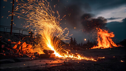 Dramatic Fire Burning at Night Outdoor Scene