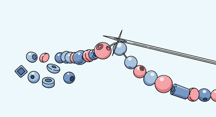 A close-up view of a needle stringing colorful blue and pink beads onto a thread to create handmade jewelry like a bracelet.