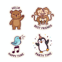 Naklejka premium Adorable Animal Stickers - Bear, Monkeys, Bird, and Penguin Illustrations.