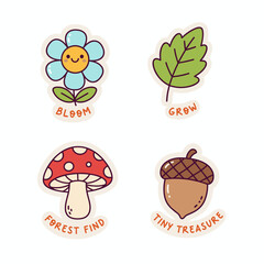 Naklejka premium Cute Nature Stickers - Flower, Leaf, Mushroom, and Acorn Illustrations.