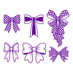 Set of purple checkered and solid ribbon bows decorative elements for gifts and celebrations on transparent background