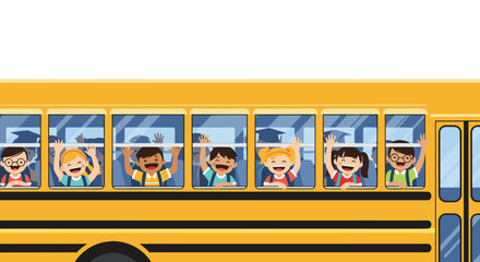 A close-up of a yellow school bus window with a group of happy and diverse elementary students waving goodbye excitedly.