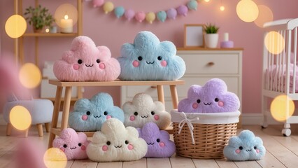 soft cloud-shaped plush toys, pastel color palette, fluffy texture, baby products display, nursery room background, warm lighting, bokeh effect