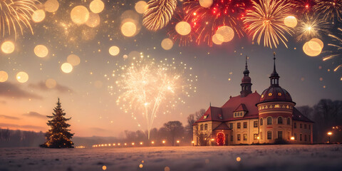 Festive Winter Town with Fireworks and Christmas Lights
