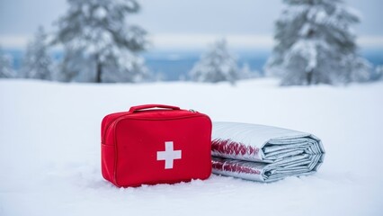 A red first aid kit and a thermal blanket are placed on the snow in a winter landscape.